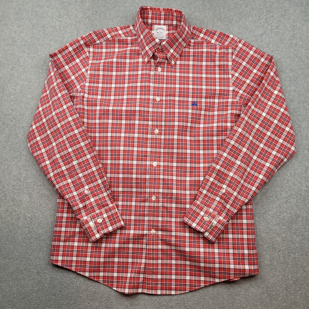 Brooks‎ Brothers Button Down Shirt Mens Medium Red Plaid Regent Fit Non-Iron